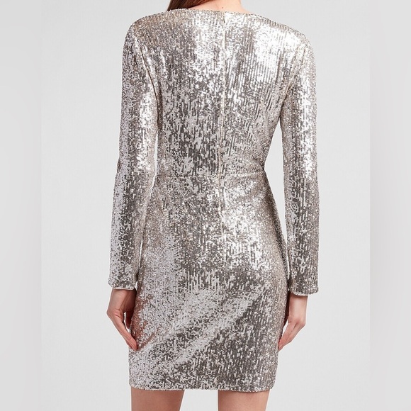 EXPRESS BEIGE SILVER SEQUIN FAUX WRAP MINI DRESS - Picture 2 of 9